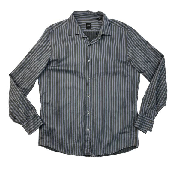 Hugo Boss Shirt Mens L Large Grey Striped Cotton Long Sleeve Spread Collar Dress - Picture 1 of 12